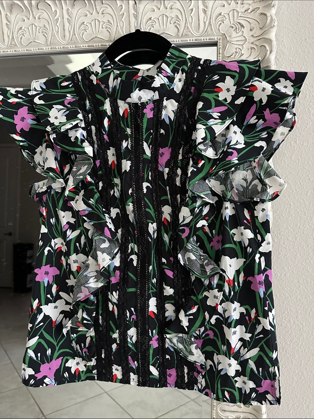 Veronica Beard Sol Black Floral Ruffle Top with Pink & White Blooms
